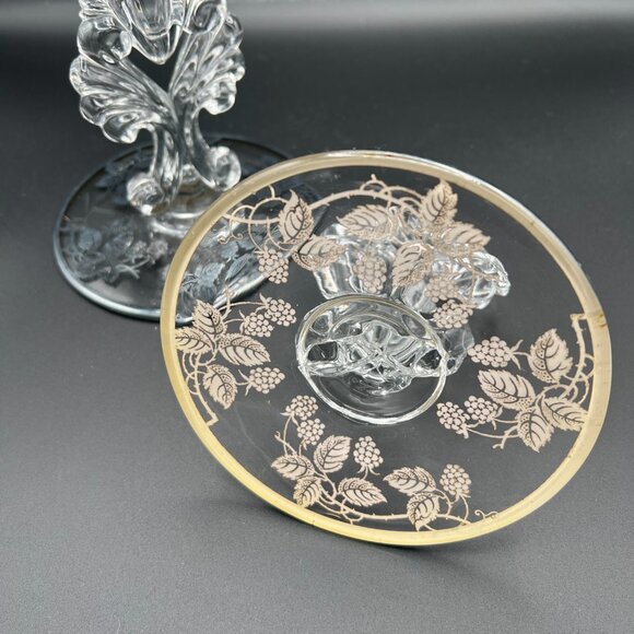 Vtg 1950s New Martinsville Glass Candle Holders Janice Pattern Silver Overlay - Picture 2 of 4